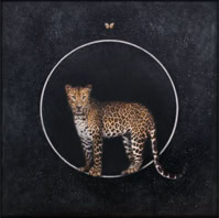 Welcome, 50x50inch original painting of a leopard and butterfly by influential photo-encaustic artist Maggie Hasbrouck, with elements of Zen design and magical realism